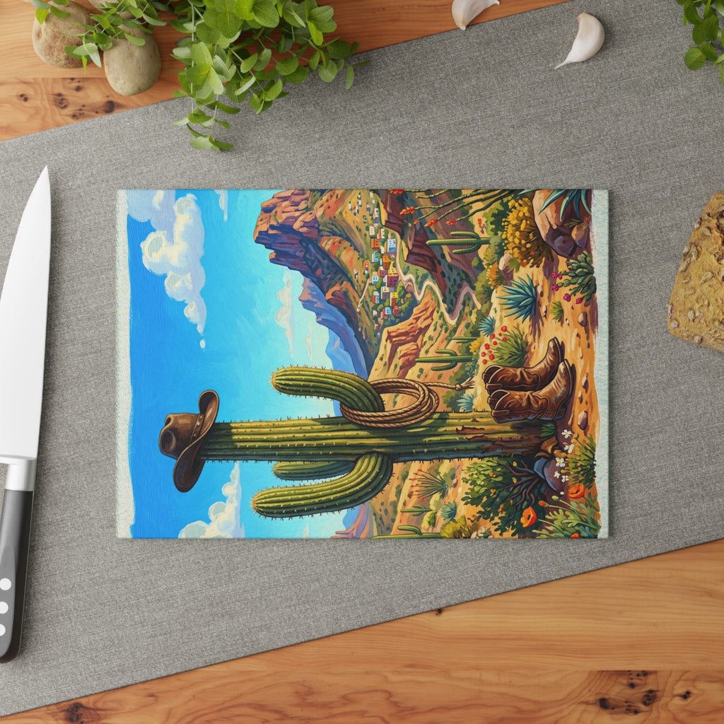 Glass Cutting Board — Southwestern Cactus Desert Scene with Cowboy Hat - Dark Sky Outpost