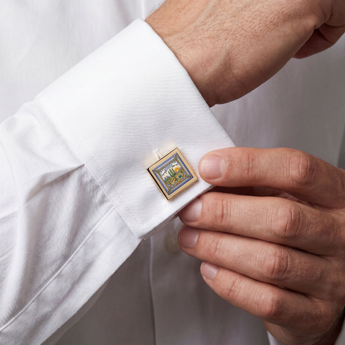 Gold Square Cufflinks with Mediterranean Tile Design — Elegant Men’s Formal Accessory - Bisbee AZ - Dark Sky Outpost