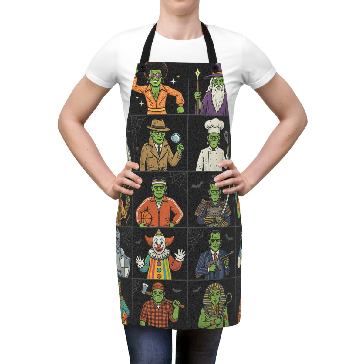 Halloween Frankenstein Character Grid Apron — Novelty Costume Cooking Apron - Dark Sky Outpost