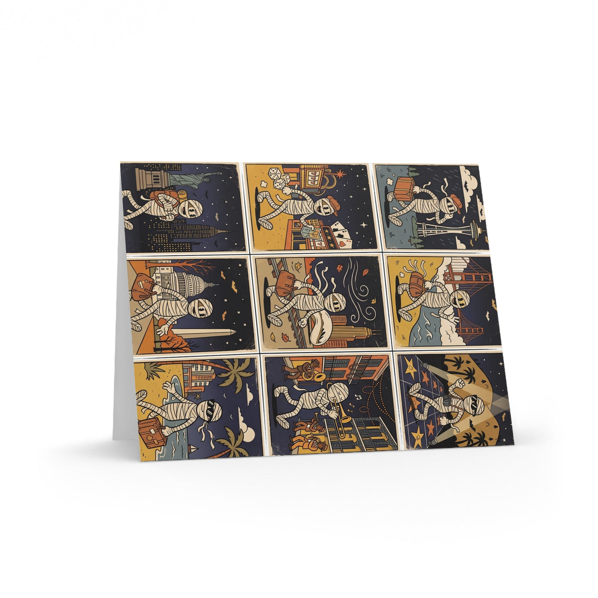 Mummy Travel Greeting Cards — Pack of 8/16/24 Vintage Halloween Note Cards - Dark Sky Outpost