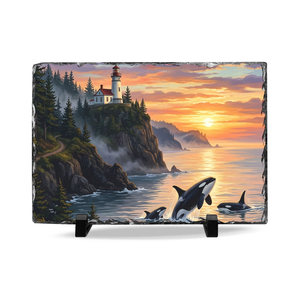 Orca Sunset Slate Desk Plaque — Coastal Lighthouse Wall Art - Dark Sky Outpost