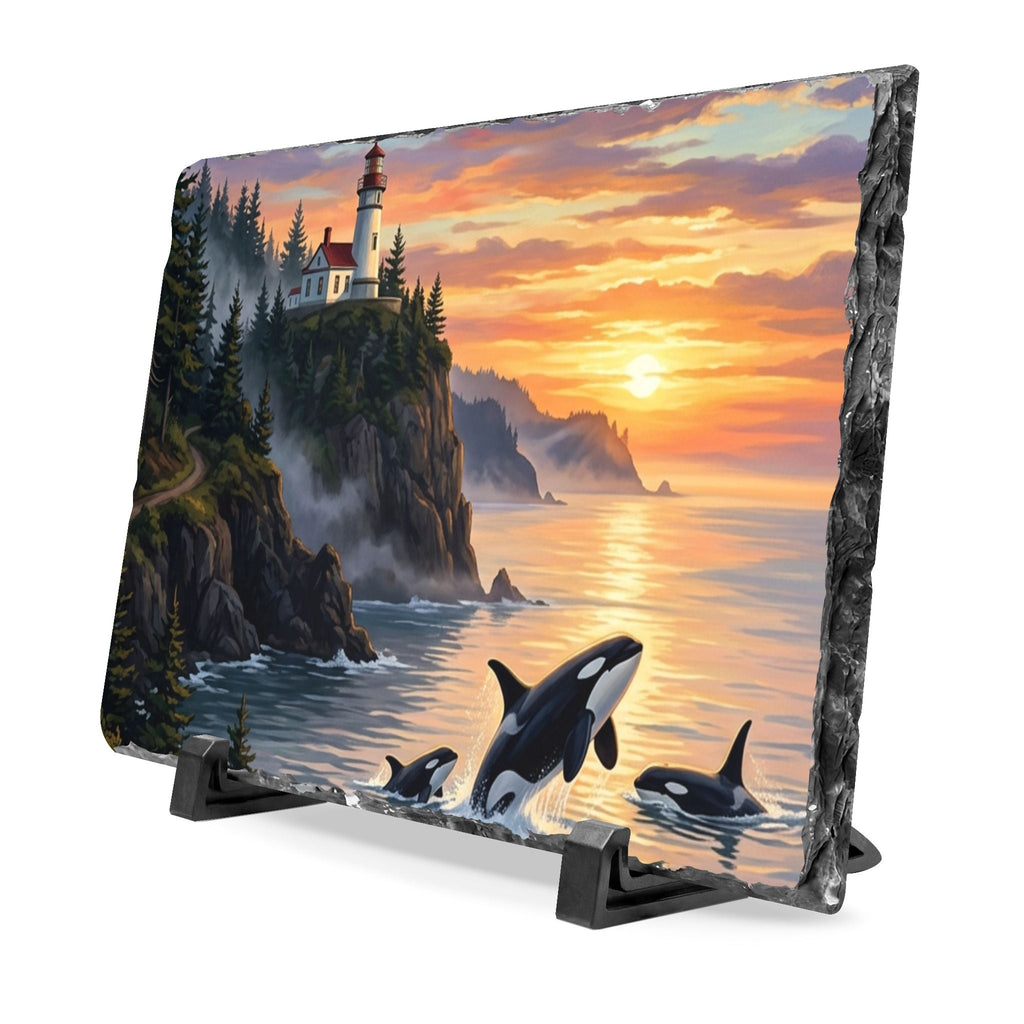 Orca Sunset Slate Desk Plaque — Coastal Lighthouse Wall Art - Dark Sky Outpost