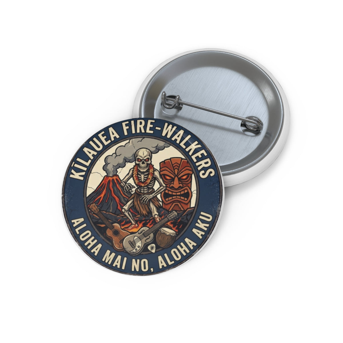 Pin Button — Kilauea Fire-Walkers Vintage Tiki Volcano Badge (Aloha Mai No, Aloha Aku) - Dark Sky Outpost