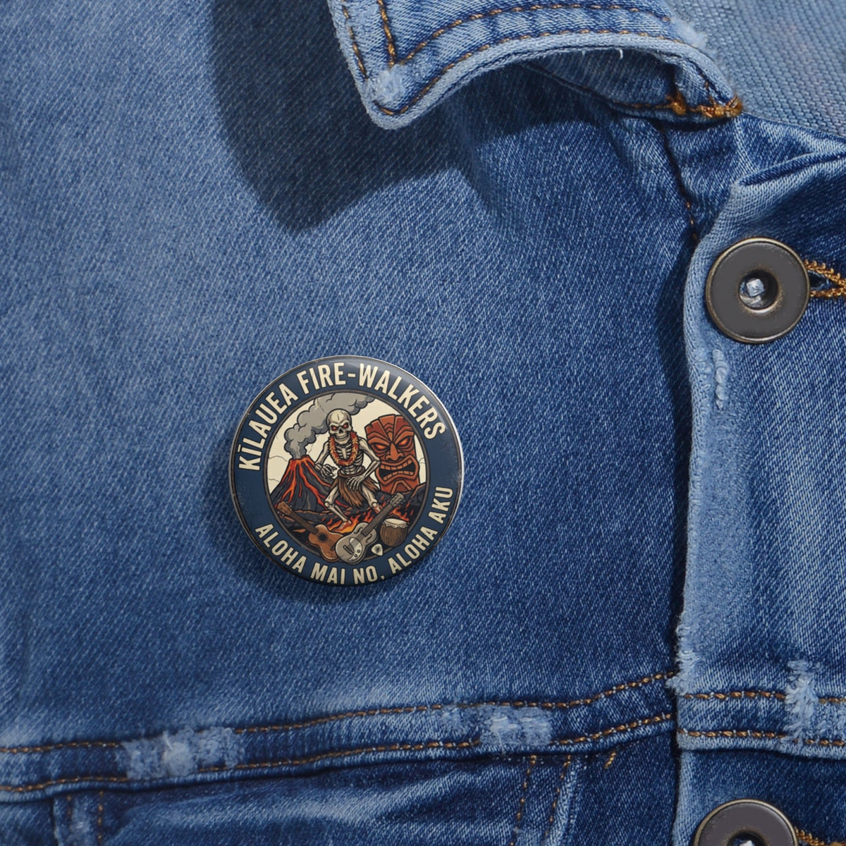 Pin Button — Kilauea Fire-Walkers Vintage Tiki Volcano Badge (Aloha Mai No, Aloha Aku) - Dark Sky Outpost