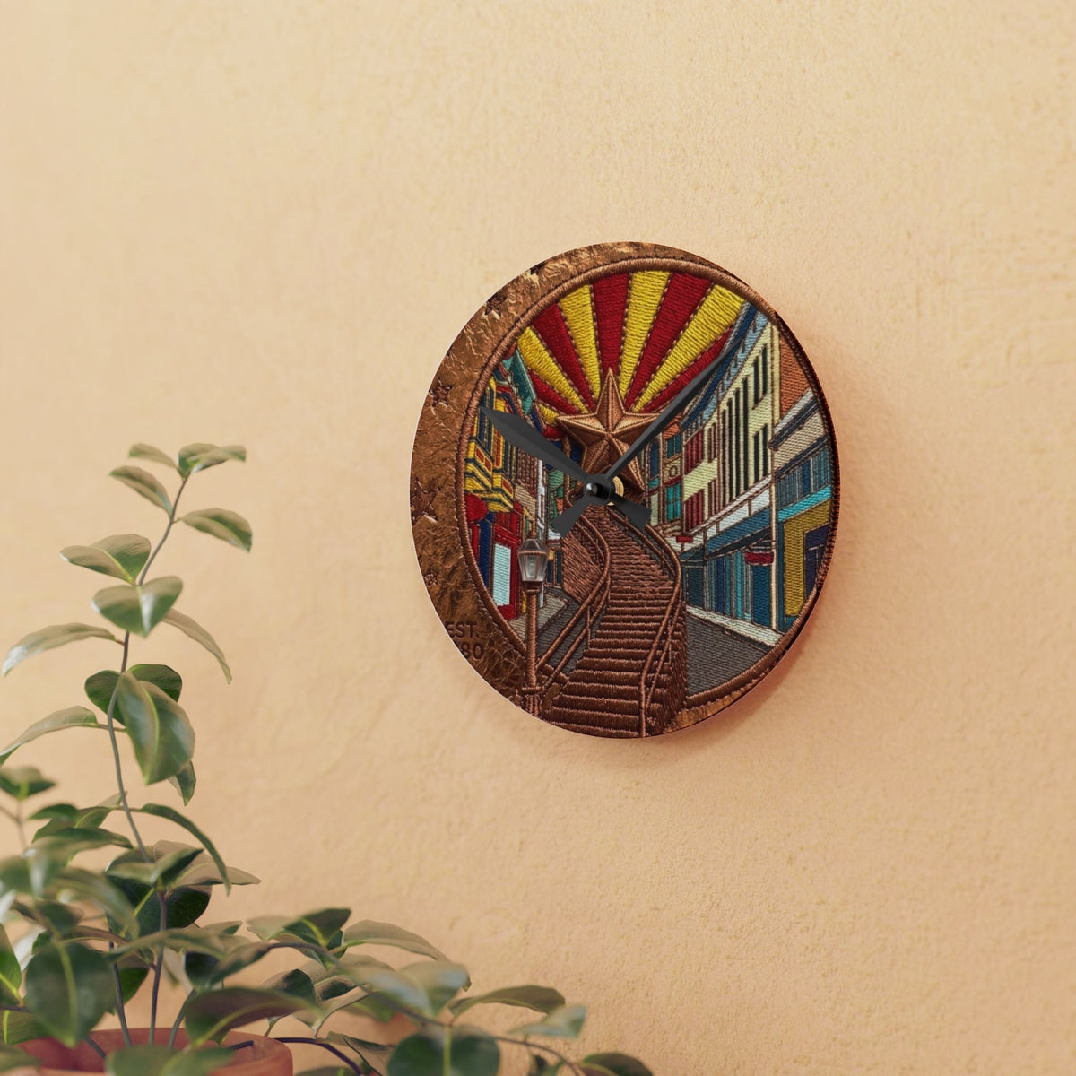 Retro Acrylic Wall Clock — Vintage Bisbee Stairs Art - Dark Sky Outpost