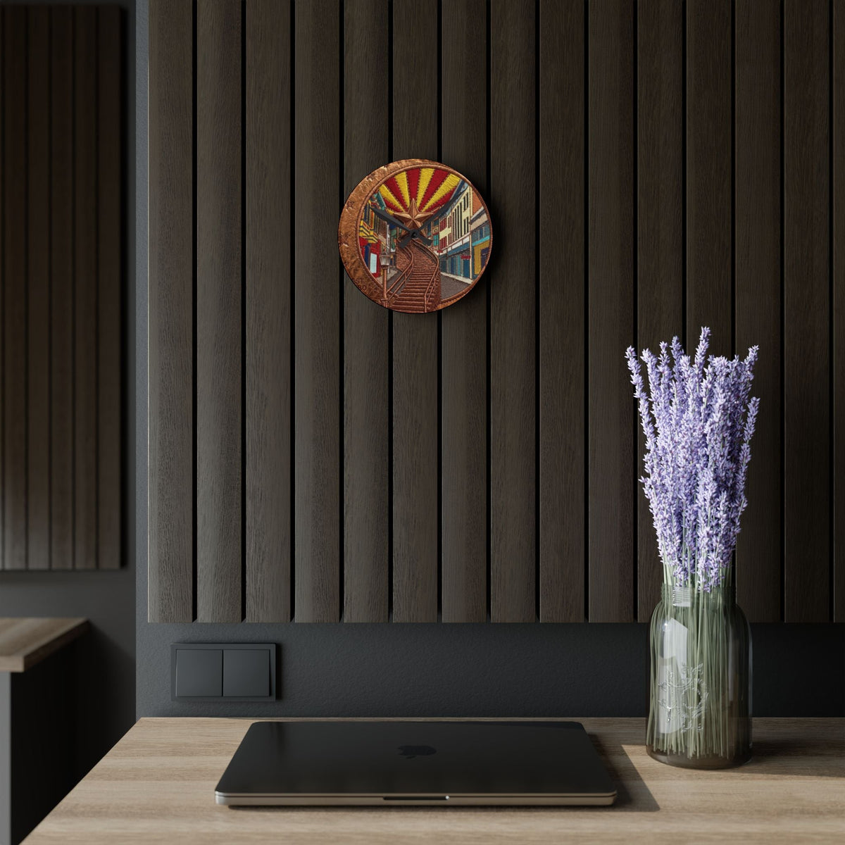 Retro Acrylic Wall Clock — Vintage Bisbee Stairs Art - Dark Sky Outpost