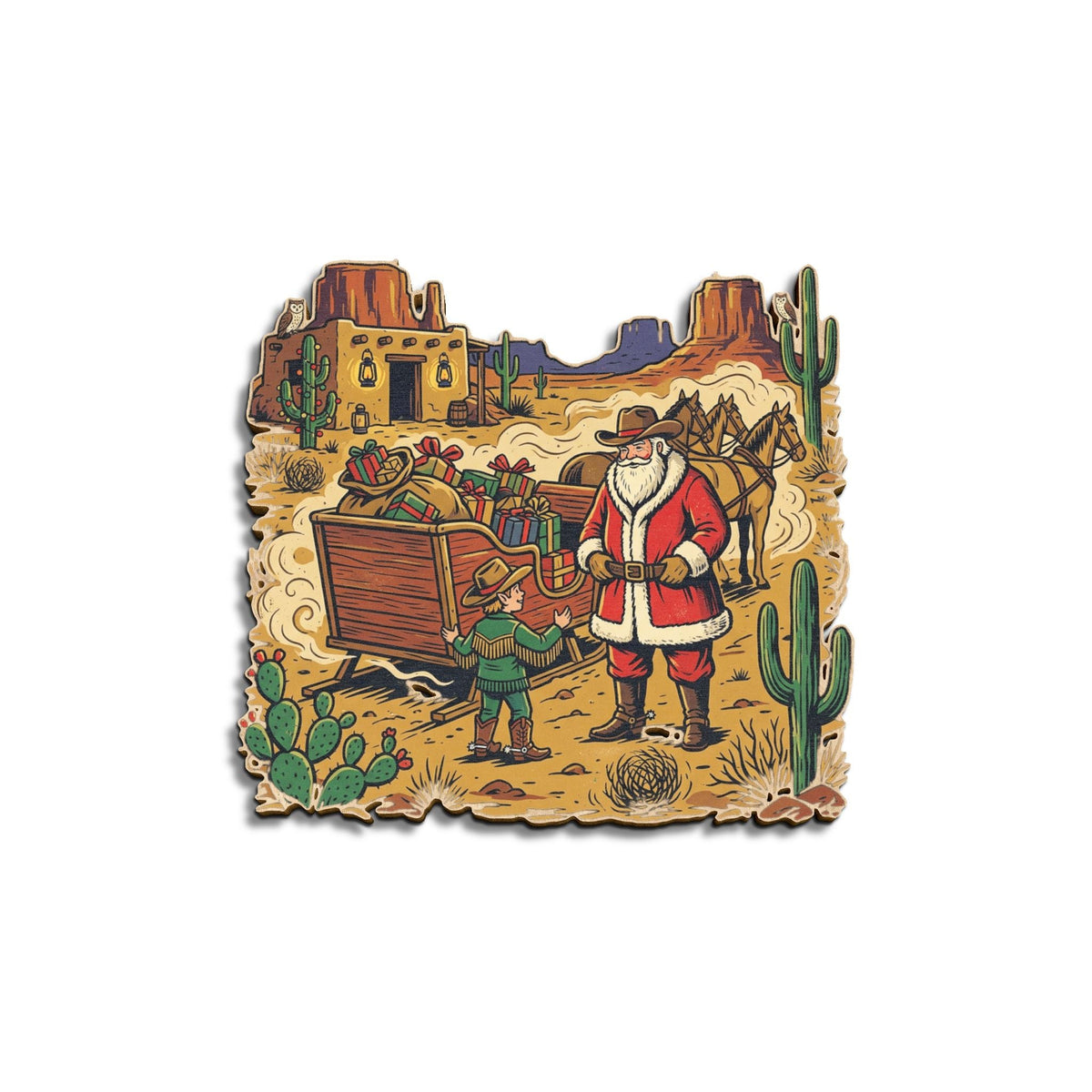 Southwestern Santa Wooden Ornament - Dark Sky Outpost