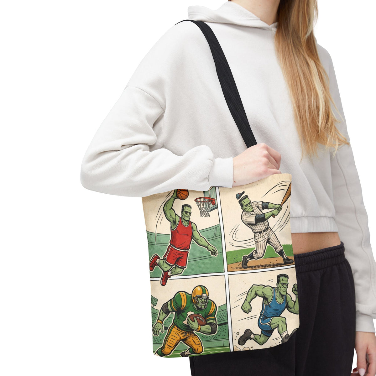 Sports Frankenstein Tote Bag – Vintage Comic Athlete Print - Dark Sky Outpost