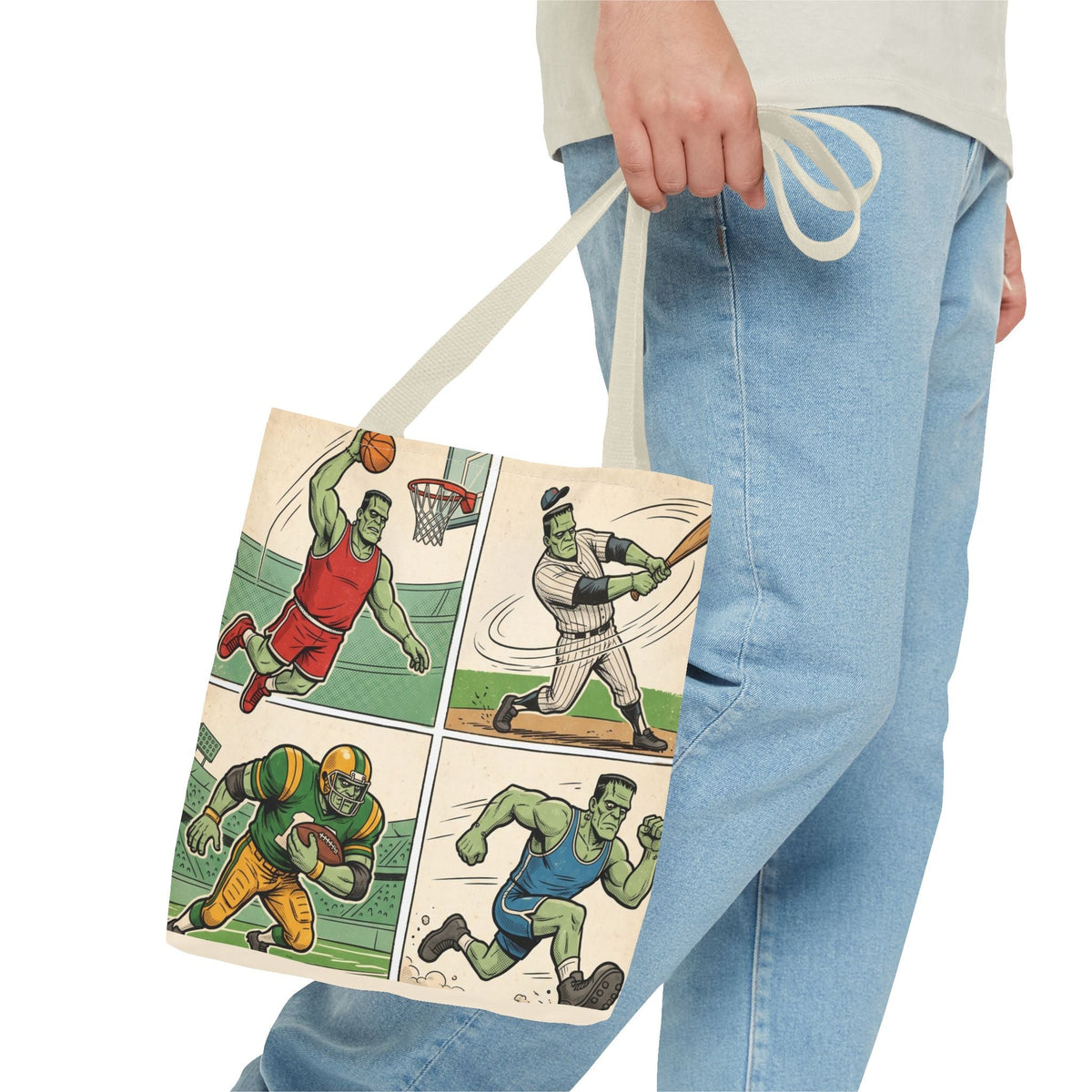 Sports Frankenstein Tote Bag – Vintage Comic Athlete Print - Dark Sky Outpost