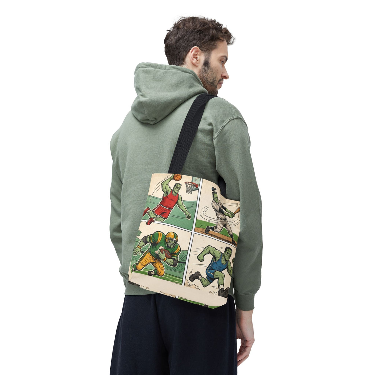 Sports Frankenstein Tote Bag – Vintage Comic Athlete Print - Dark Sky Outpost