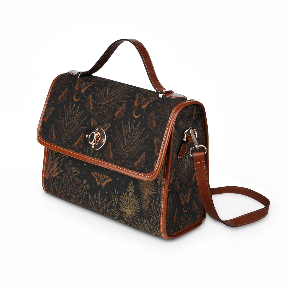 Waterproof Canvas Bag — Dark Botanical Moth Print Satchel - Dark Sky Outpost
