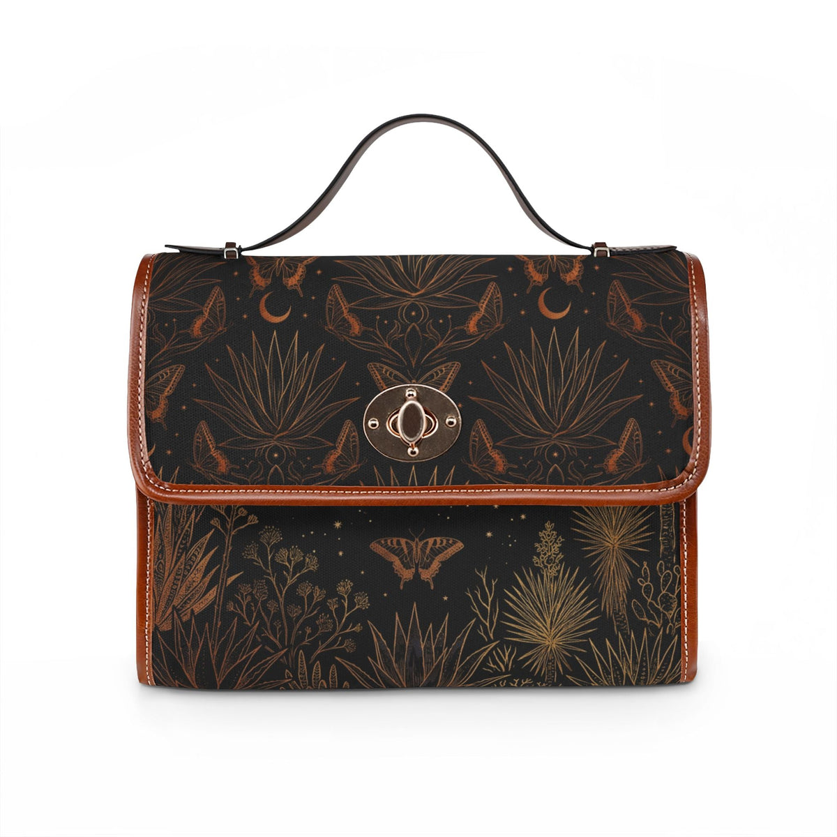 Waterproof Canvas Bag — Dark Botanical Moth Print Satchel - Dark Sky Outpost