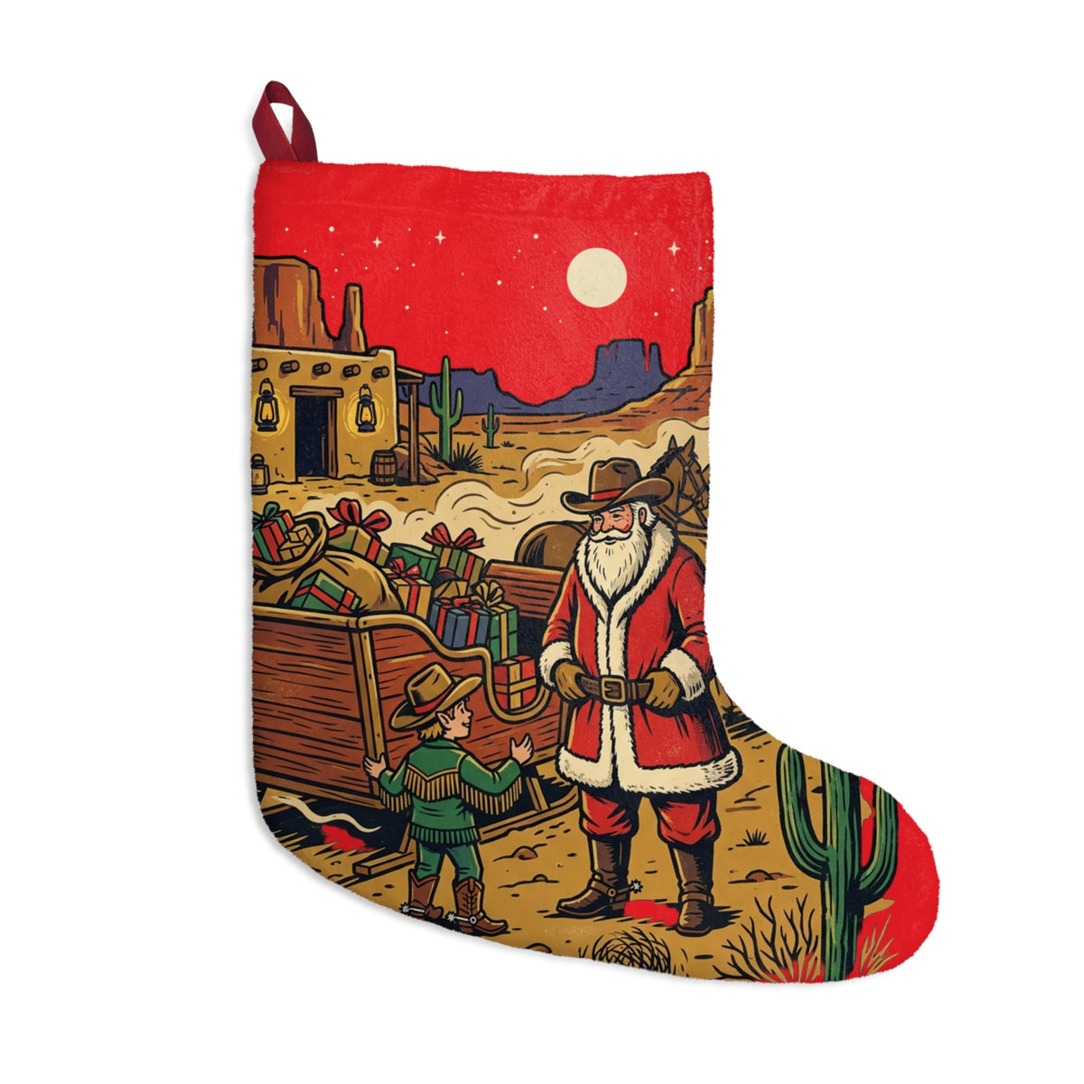 Western Santa Christmas Stocking – Desert Cowboy Holiday Stocking with Santa & Gifts - Dark Sky Outpost