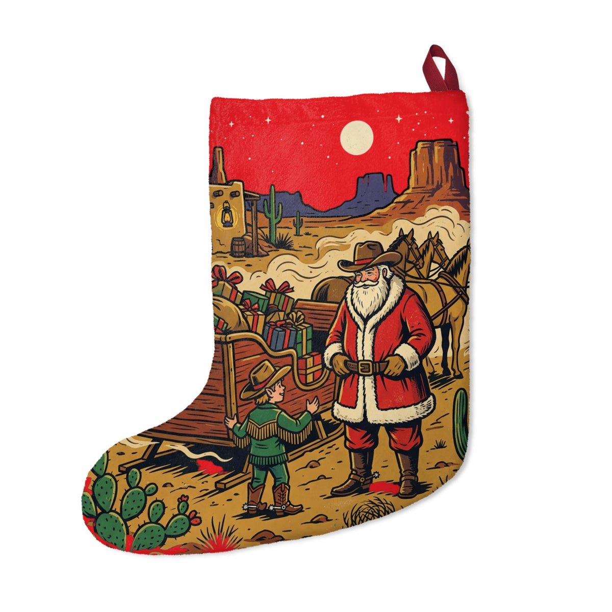 Western Santa Christmas Stocking – Desert Cowboy Holiday Stocking with Santa & Gifts - Dark Sky Outpost