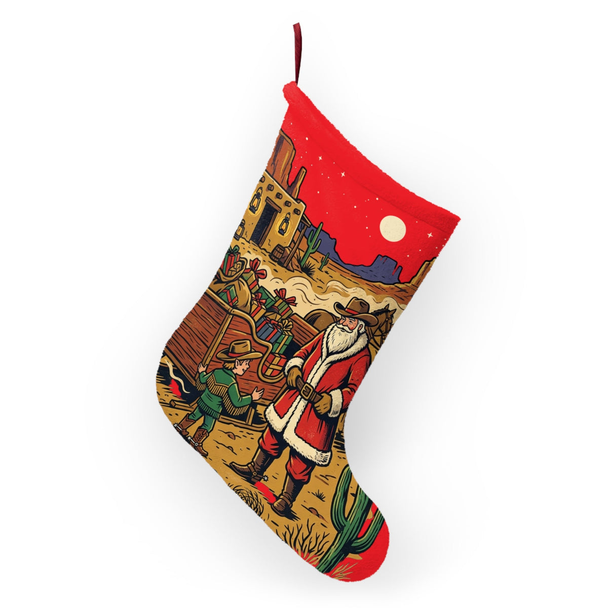 Western Santa Christmas Stocking – Desert Cowboy Holiday Stocking with Santa & Gifts - Dark Sky Outpost