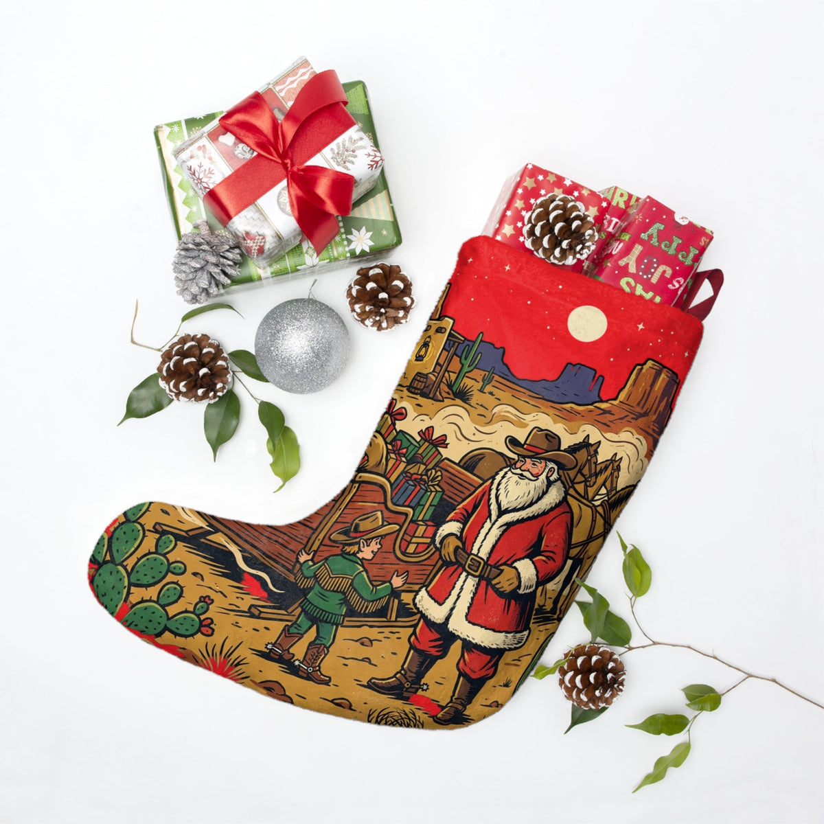 Western Santa Christmas Stocking – Desert Cowboy Holiday Stocking with Santa & Gifts - Dark Sky Outpost